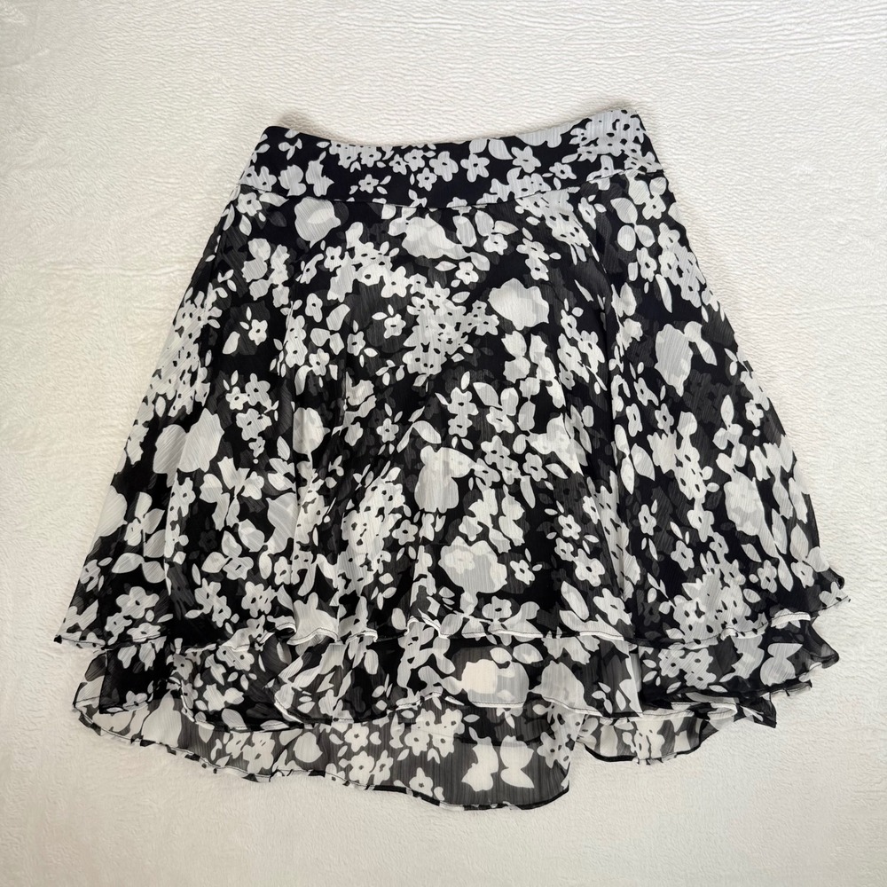 Trulli Black White Floral Flowy Skirt - Y2K Whimsigoth Ruffle Tiered Skirt Sz 4